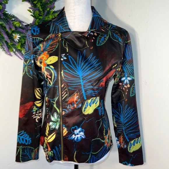 Chico’s,0,Sateen whimsical night, zip front, sleeves, pockets gold tone finish - Picture 2 of 10